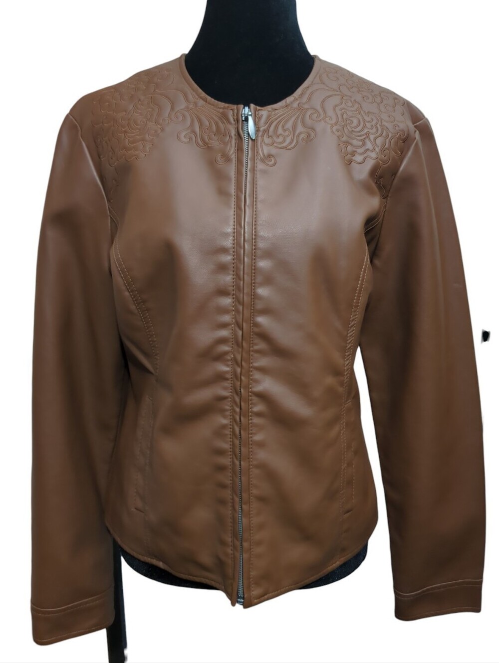 Passport Vintage Med Chocolate Brown Vegan Leather Jacket Embroidered Y2K 90's
